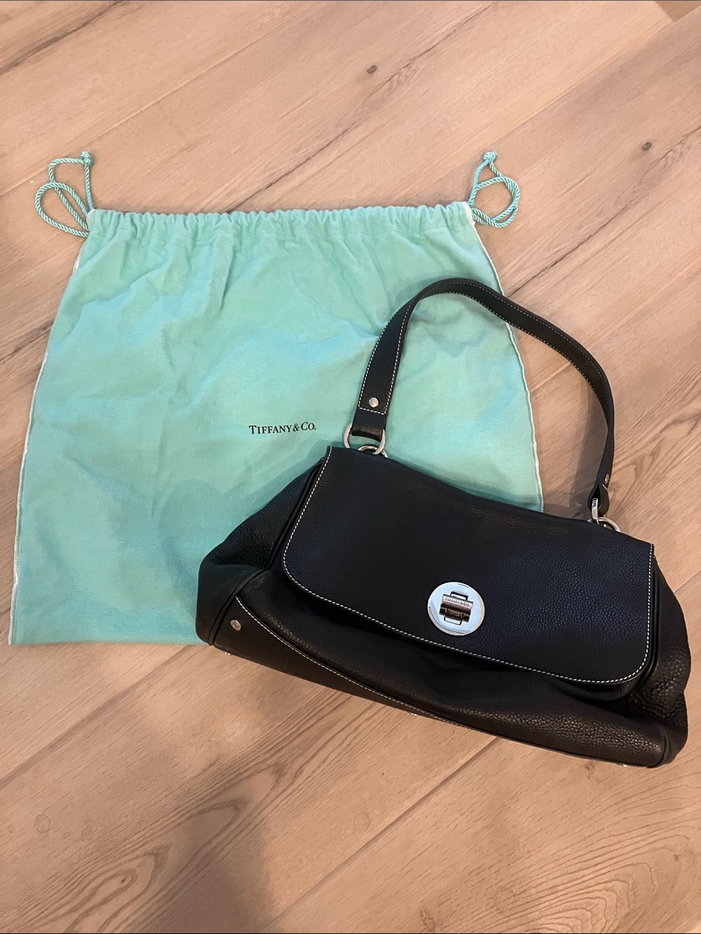 Authentic Tiffany & Co. Black Pebble Leather Purse with Silver Accents- EUC
